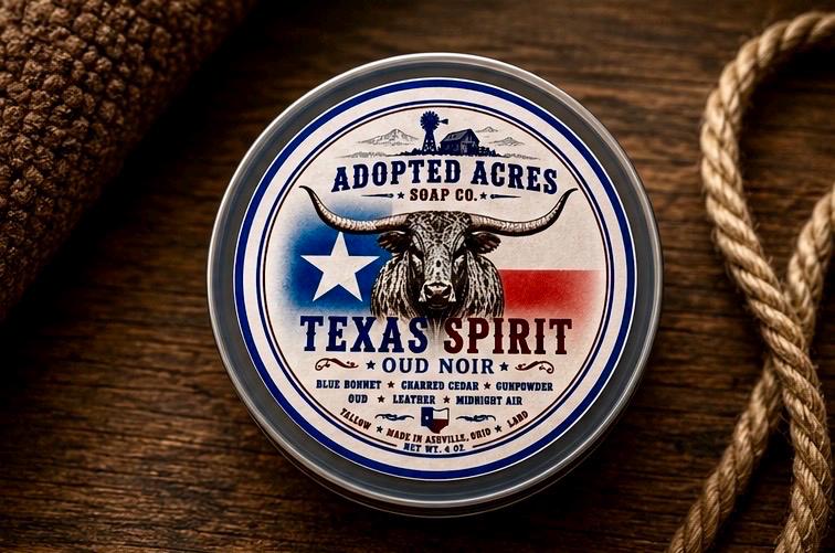 Texas Spirit Oud Noir Shave Soap. 4 ounces. Scent notes of Blue Bonnet, Charred Cedar, Rose, Oud, Gun Powder