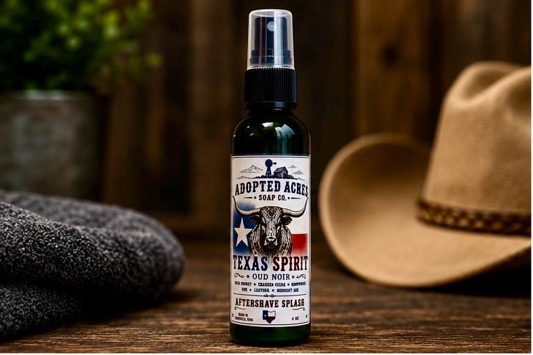 Texas Spirit Oud Noir Aftershave Splash, Bluebonnet, Charred Cedar, Rose, Oud, Gunpowder
