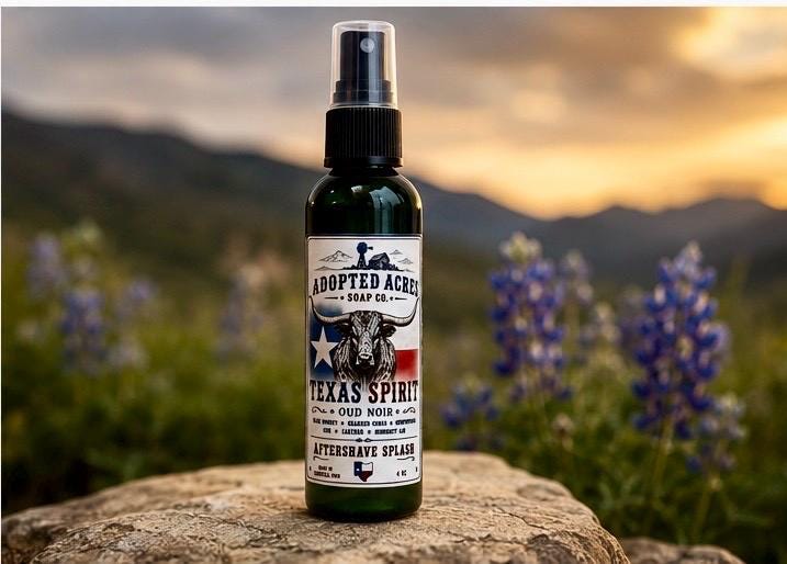 Texas Spirit Oud Noir Aftershave Splash, Bluebonnet, Charred Cedar, Rose, Oud, Gunpowder